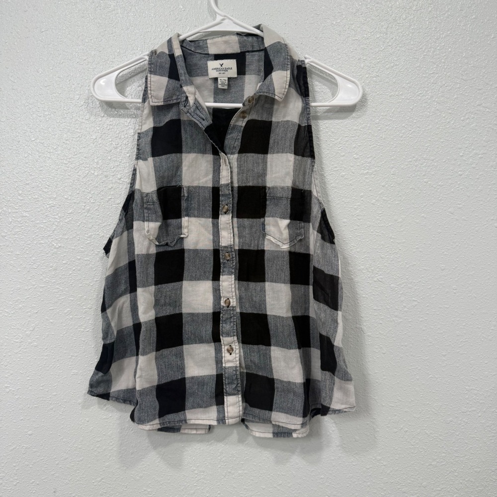 American Eagle Sleeveless Buffalo Plaid Button Down Shirt Black White XL